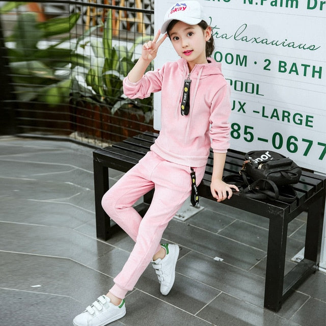 Sports Girls Clothes Set Gold Velvet Girls Suit Hoodies+Pants 2 Pcs Spring Children's Set Teen Girls Clothes Suit 4 6 8 12 Years