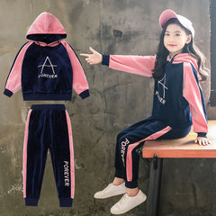 Spring Autumn Girls Sports Suit Velvet Tracksuit Kids Fashion Sportwear Children Hooded Suit Casual Outfit 6 8 10 12 years old