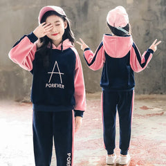 Spring Autumn Girls Sports Suit Velvet Tracksuit Kids Fashion Sportwear Children Hooded Suit Casual Outfit 6 8 10 12 years old