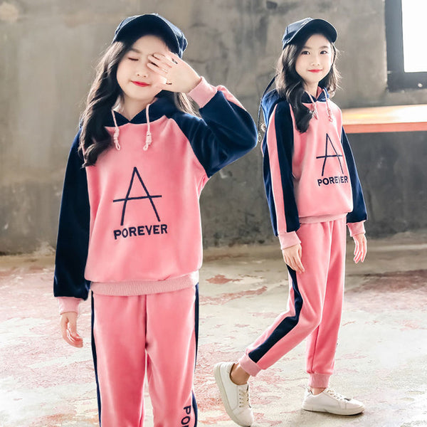 Spring Autumn Girls Sports Suit Velvet Tracksuit Kids Fashion Sportwear Children Hooded Suit Casual Outfit 6 8 10 12 years old