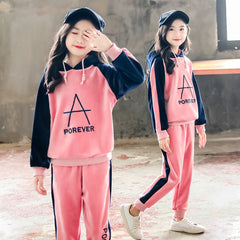Spring Autumn Girls Sports Suit Velvet Tracksuit Kids Fashion Sportwear Children Hooded Suit Casual Outfit 6 8 10 12 years old