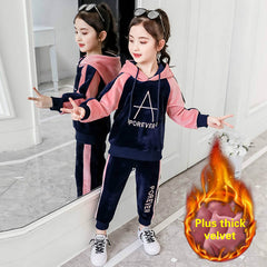 Spring Autumn Girls Sports Suit Velvet Tracksuit Kids Fashion Sportwear Children Hooded Suit Casual Outfit 6 8 10 12 years old