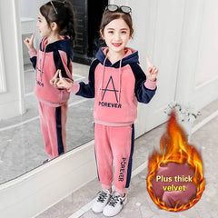 Spring Autumn Girls Sports Suit Velvet Tracksuit Kids Fashion Sportwear Children Hooded Suit Casual Outfit 6 8 10 12 years old