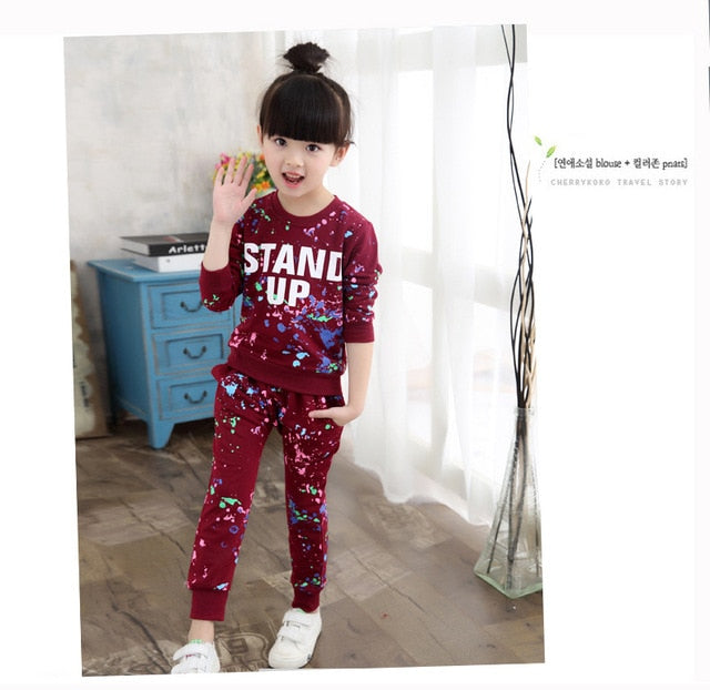 Girls Tracksuits 100% Cotton Spring Sportswear Outfits Girls Sports Suits Graffiti Letter Clothing Sets For 5 6  8 10 12 14 Year